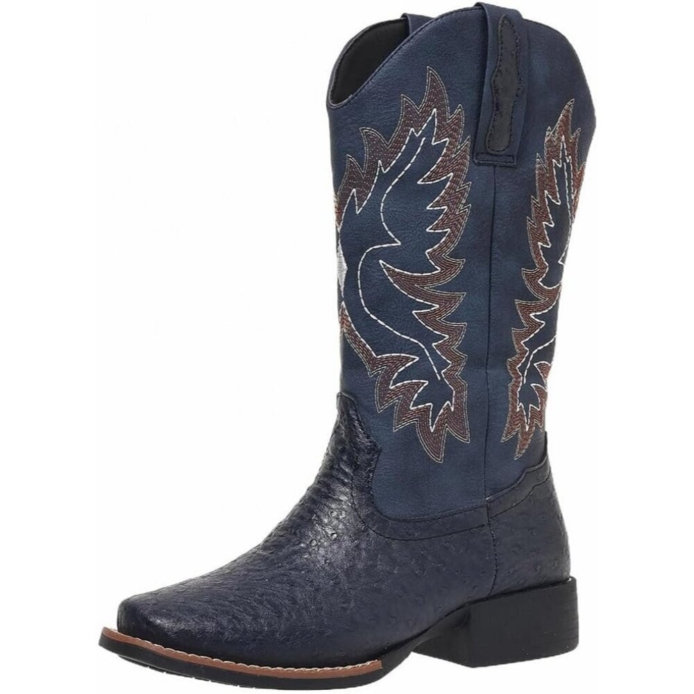Women Blue Western Cowboy Boots for  Mid Calf Cowgirl Boot Snip Toe Chunky Heel